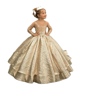 Vestido de niña de las flores dorado con mangas de ilusión, botones de lazo y falda esponjosa para cumpleaños, bodas, fiestas, damas de honor infantiles - Product Image 4