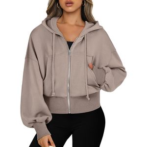 FOXA Sweat à capuche court zippé pour femme, épaules tombantes, décontracté, confortable, respirant, en mélange de coton tricoté, tenue de mode automne - Product Image 1