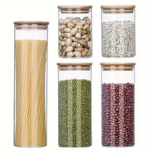 5pcs/套可堆叠厨房透明玻璃食品储物罐容器套装，带密封竹盖，用于糖果饼干米糖 - Product Image 1