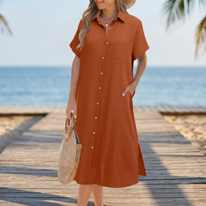 Cotton Bamboo Fiber Solid Color Turn Down Collar Short Sleeve Button Front <b>Loose</b> Midi Shirt <b>Dress</b> With Pockets Casual Summer - Product Image 3