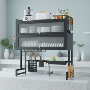 Nuevo <span class=keywords><strong>Escurridor</strong></span> de <span class=keywords><strong>Platos</strong></span> Negro de Acero Inoxidable y Plástico de 2 Niveles para Cocina - Product Image 1
