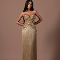 Lsz336 Magnifique Robe de Soirée Colonne à Décolleté Cœur, Broderie de Perles et Franges Métalliques Dorées, pour Tapis Rouge Jancember