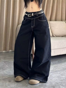 Jean décontracté noir délavé taille haute à jambe large pour femme, coupe ample, longueur intégrale, avec ceinture, style automne - Product Image 2