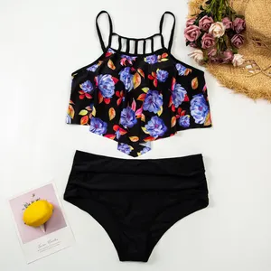 Atacado tamanho Grande Cintura Alta Conjunto Bikini swimsuit plus size mulheres Swimwear Tropical Imprimir Fato de banho