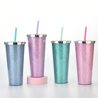 Gobelet isotherme personnalisé en tissu pailleté, double paroi, en plastique écologique, 24 oz, avec couvercle à paillettes en acrylique et paille, maintien thermique 6-12h, idéal comme cadeau