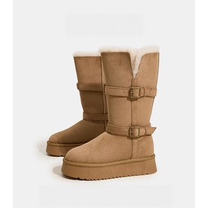 Bottes de neige mi-mollet en daim camel pour femme, col en fourrure, boucle en métal, plateforme épaisse, bottes chaudes d'hiver - Product Image 5