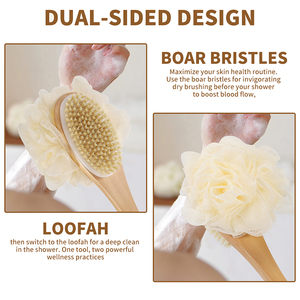 Lotus Wood Long Handle Bath Brush 2 in 1 Boar Bristle and Mesh Pouf Body Back Scrub Brush for <strong>Shower</strong> Bath Exfoliating Care - Product Image 3