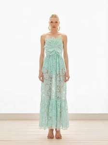 Vestido maxi casual <span class=keywords><strong>rosa</strong></span> A-Line A11494 con encaje, sin tirantes, sin espalda, <span class=keywords><strong>de</strong></span> punto, con patrón plano y lentejuelas, modelo <span class=keywords><strong>de</strong></span> imagen. - Product Image 2