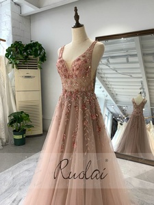 ASA-0074 Sexy V-Ausschnitt Staubiges Rosa Kristall Abendkleider Ballkleid - Product Image 4