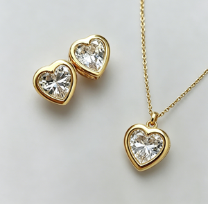 Parure de bijoux en laiton plaqué or 18 carats avec pendentif cœur serti de zircone cubique taillée en diamant et boucles d'oreilles clous pour femme, bijoux de mode en gros - Product Image 3