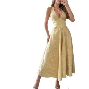 T-0732 Nuovo Arrivo <span class=keywords><strong>Abito</strong></span> Lungo da Donna Sexy con Scollo a V Senza Maniche, Vestito da Festa Aderente con Pieghe a Linea A - Product Image 1