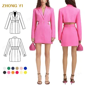 2024 Hot Custom Neon Colour Cutout Waist Blazer Dress Casual Office Lady Blazer Women Padded Shoulders Notched Lapels Dress