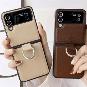 Luxury Pu Leather Hard Plastic Back Cover With Ring Phone Case For Sam sung Z Flip4 Flip3