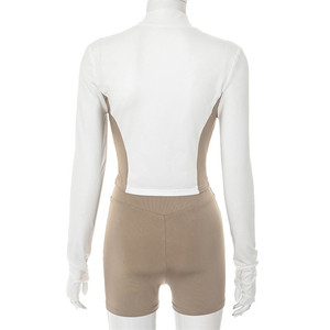 Fashion Street Color <strong>Stitching</strong> Two Piece Sets Women Zip Long Sleeve Slim <strong>Top</strong> and Kink Shorts Outfits - Product Image 6