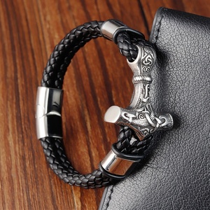 Wholesale Fashion <b>Stainless</b> <b>Steel</b> <b>Men</b> Vintage Viking Genuine Leather <b>Bracelet</b> - Product Image 5