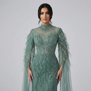 Gaun Malam Mewah Serene Hill LA71885C Turquoise Model Duyung 2026 Kerah Tinggi Berhias Manik-Manik Berat dengan Lengan Cape Berbulu untuk Acara Formal - Product Image 2