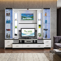 Ensemble de salon de luxe en bois blanc, style Mid-Century Modern, comprenant un meuble vitrine extensible, un meuble à vin, une table basse et un meuble TV