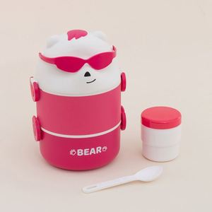 Fiambrera 3D con diseño de oso de dibujos animados, fiambrera PP para microondas con bandeja dividida, juego de tazas, tapas, contenedor de comida de mano de plástico con cuchara - Product Image 6