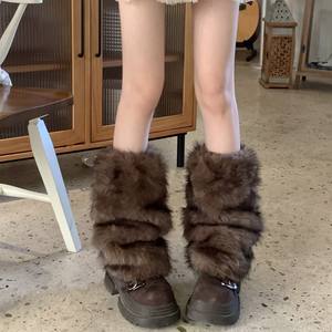 Buzlu Tek Renk El Yapımı Çorap Kılıfları Sonbahar Kış Kahverengi Retro Suni Kürk Bacak Isıtıcıları Y2K Millennial Hot Girl Baldır Isıtıcıları - Product Image 1