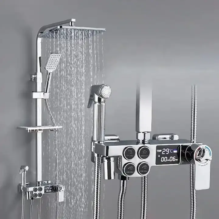 Pantalla Digital inteligente cromada, Sistema de ducha con barra deslizante de lluvia de agua termostática, juego de grifo de baño de latón, montaje completo en pared