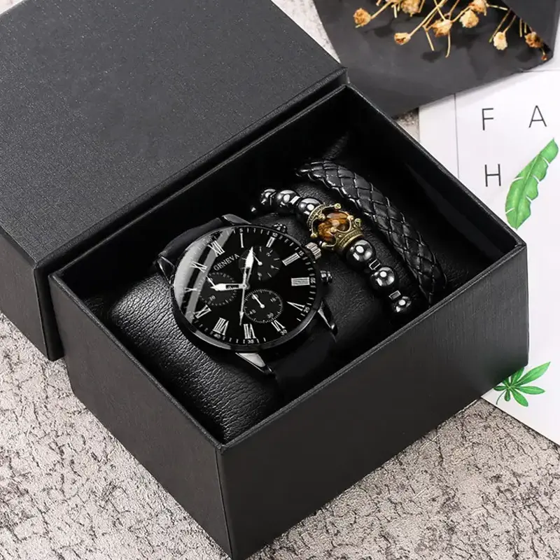 6320 3 pcs/ set black mens Quartz Watch & 2pcs Bracelet Fashion men watch set gift