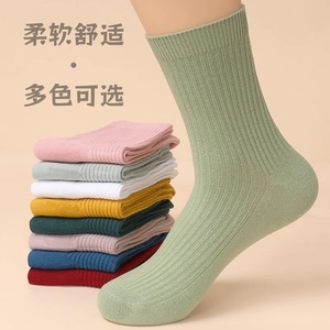 Women's Mid-Calf Socks Solid Color Vertical Stripes Breathable Medium Thickness Korean Style Long Socks - Product Image 1