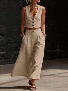2026 New Women's Old Money Style Linen Blend Two Piece Set S-2XL V Neck Crop Vest + High Waist Wide Leg <strong>Pants</strong> Casual Loungewear - Product Image 2