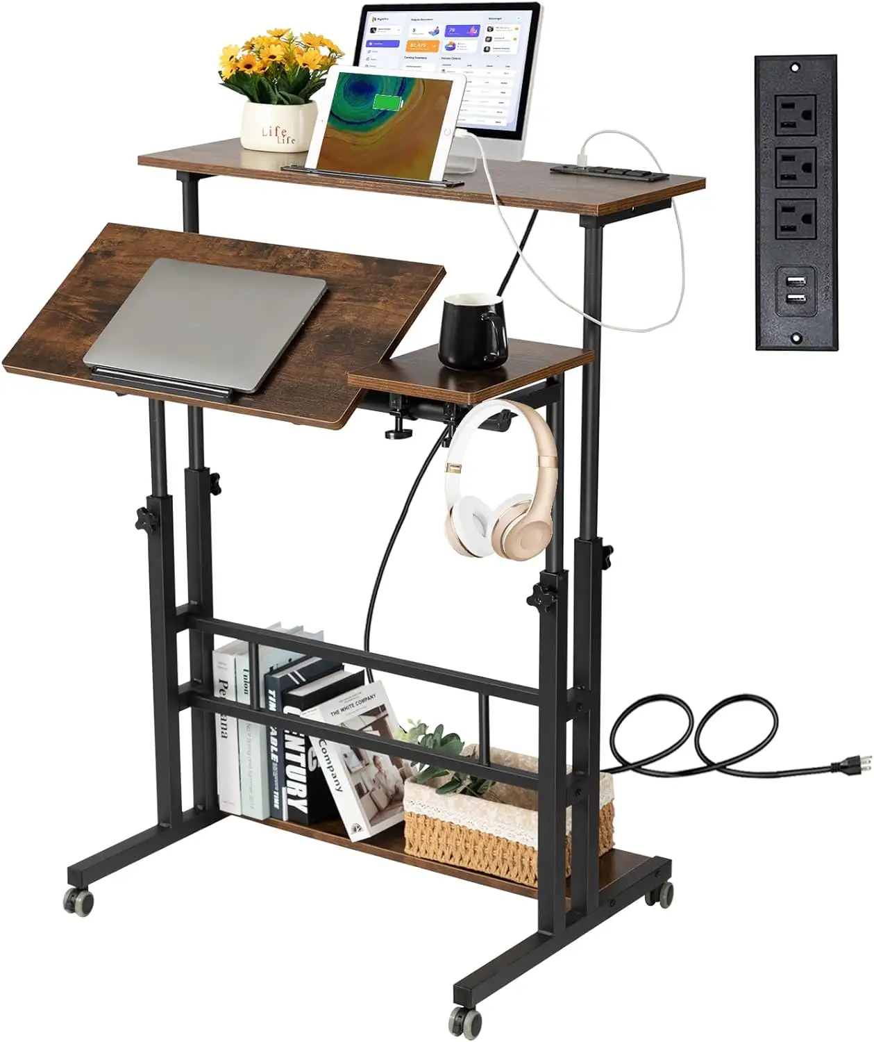 Adjustable Mobile Laptop Workstation Table Standing Computer Desk with Charging Station