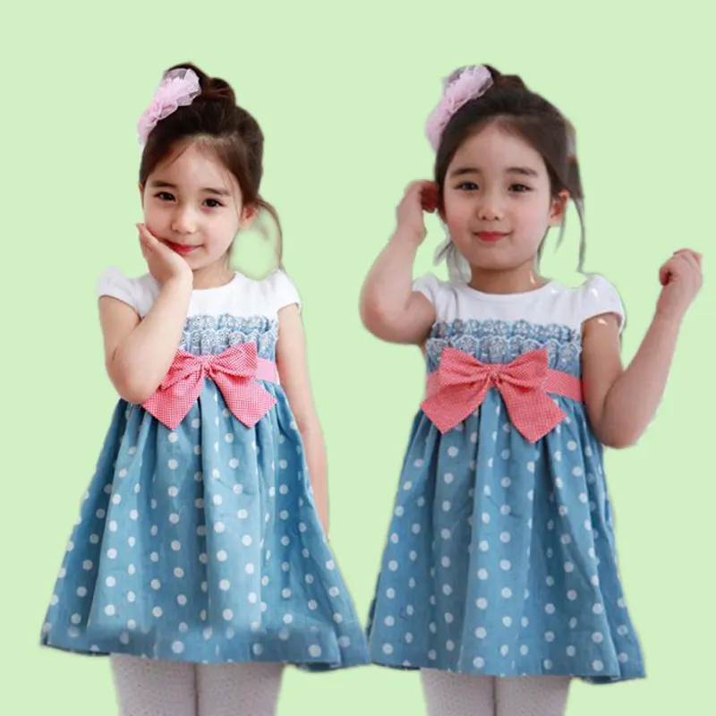 Hot New Products For 2016 Girls Short Sleeve Bowknot Denim One Piece Dress