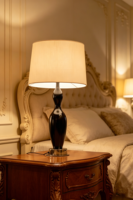 Lampe de table moderne en forme de gourde, abat-jour en tissu, base en bois brillant, alimentation CA, LED à intensité variable, température de couleur personnalisable, garantie 2 ans