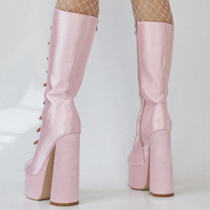 Bottes d'été à découpes pour femmes, hauteur genou, avec boucles, plateforme, talons épais, fermeture éclair latérale, en soie, grandes tailles 47 - Product Image 4