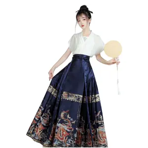 Original azul Ming estilo Hanfu conjunto completo de las mujeres antiguo estilo chino tejido oro dragón textil maquillaje flor caballo cara falda