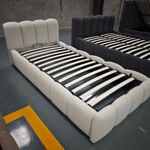 Cama Individual Blanca Simple y Moderna con Tela de Lino y Cabecera en Forma de Pétalo, Cama con Almacenamiento y Barra de Presión de Aire - Product Image 1