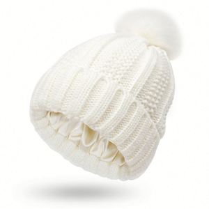 Satin Lined <b>Hats</b> Knitted <b>Beanies</b> With Detachable Pom Fur Girls Silk Lining Winter Stretchy Warm Casquette Chapeau Femme - Product Image 1