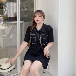 ชุดเดรสผ้าฝ้ายสีทึบคอวีหรูหราสำหรับผู้หญิงขนาดบวกฤดูร้อนสวมใส่สบายๆทุกวัน N8052 - Product Image 4