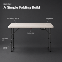 Table pliante de 6 pieds, surface rectangulaire en HDPE moulé par soufflage, pieds en acier inoxydable, pliage en deux, ouverture et fermeture rapides, pour salle à manger et extérieur
