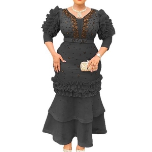 ชุดเดรสทรงหางปลาประดับเพชรแบบสลิมคอวีแขนพองสไตล์แอฟริกันสำหรับผู้หญิง - Product Image 2