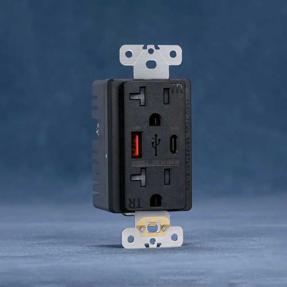 USB Manufacturer's 20A 125V Duplex Receptacle US Standard Wall Socket with Quick Charge PD20W Type-A Type-C Ports Plug Included
