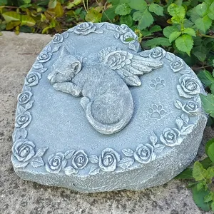 Scultura Commemorativa in Resina di Gatto Angelo Personalizzata, Gattino Dormiente Grigio <span class=keywords><strong>con</strong></span> Ali su Base a Cuore, Ricordo Artigianale per la Perdita di Animali Domestici - Product Image 3