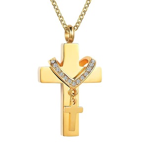 Colgante Conmemorativo de Acero Inoxidable 316L con Doble Cruz y Amuleto de Mascota, Estilo Europeo Americano, con Zirconia y Oro Rosa - Product Image 3