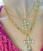Mode bijoux fins personnalisé plaqué or laiton croix breloque diamant et imitation perle tour de cou pendentif collier pour femmes hommes
