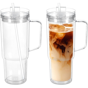 Vaso de Plástico Acrílico de Doble Pared de 40oz con Diseño Novedoso, Preperforado, Tipo Bola de Nieve, con Tapa, Popote Antiderrames y Asa, Venta al por Mayor - Product Image 1