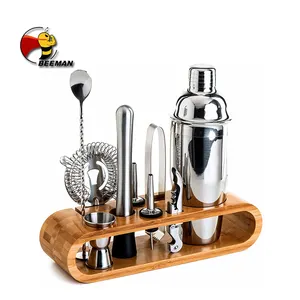 Beeman Set Peralatan Pengocok Cocktail Stainless Steel, Aksesori Pencampur Berdiri Kayu