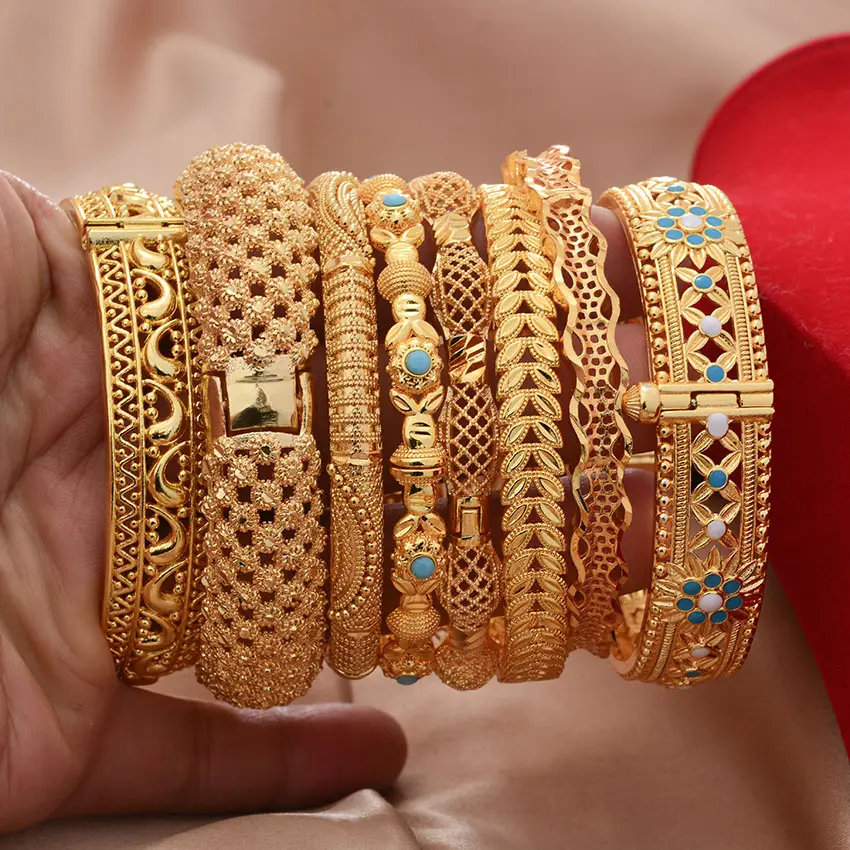 Brazaletes de oro de Dubái de Color dorado para mujer, pulseras, regalo, brazalete africano, oro etíope, 24K, joyería de boda de Oriente Medio