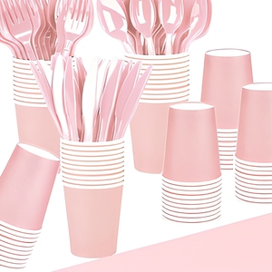 Pastel Light <b>Pink</b> Party Disposable Tableware Set Paper Napkins Plates Cups <b>Tablecloth</b> - Product Image 4