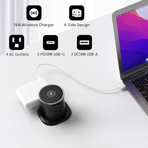 <span class=keywords><strong>Torre</strong></span> de <span class=keywords><strong>Enchufes</strong></span> Retráctil de Aleación de Aluminio Industrial con 4 Tomas de Corriente, 2 Puertos USB-A, 2 Puertos USB-C, Cargador Inalámbrico de 15W - Product Image 2