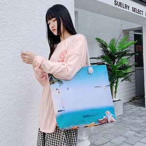 Bolso de Hombro de Lona para Mujer, Estilo Veraniego, para Viaje, Gran Capacidad, Bonito Bolso de Playa con Asa de Cuerda de Cáñamo - Product Image 4