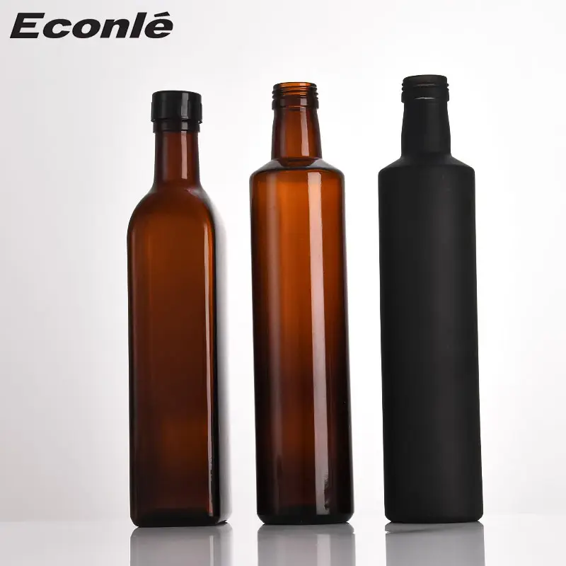 Wholesale green and brown 250ml 500ml 750ml 1000ml round square virgin Marasca olive oil glass bottles with dispenser