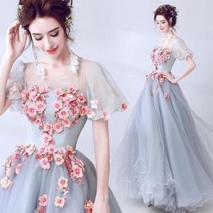 Blue Grey Tulle Ball Gown Sweetheart Neckline Floral Print Evening Dress Empire Waist Petite Slimming Party Dress - Product Image 1