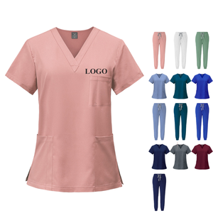 Haut de blouse médicale unisexe de haute qualité, personnalisable, pour hôpital, col en V, manches courtes, en polyester et coton tricoté à l'aiguille - Product Image 1